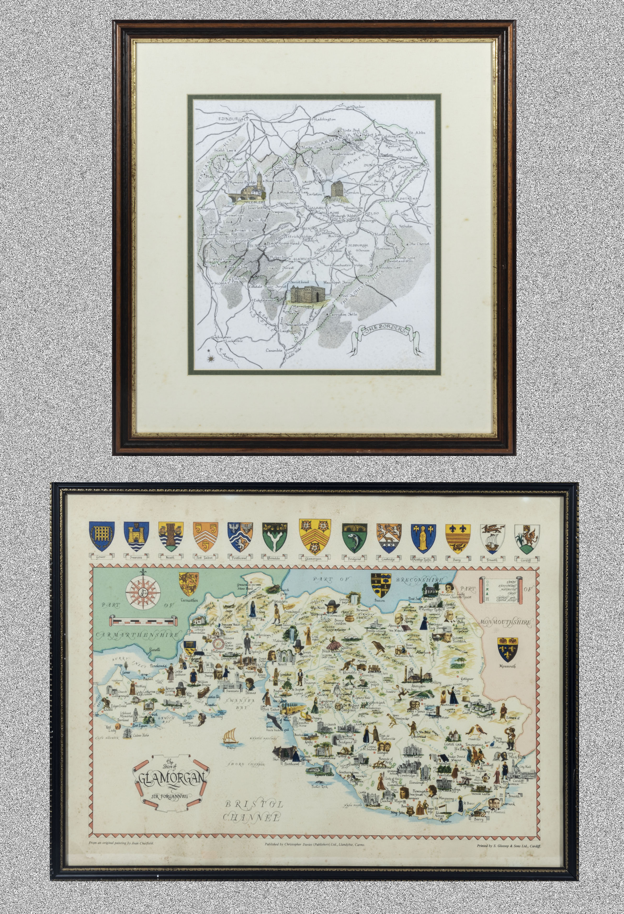 Two framed maps, The Borders 30 x 27 and Glamorgan 37cm x 50cm