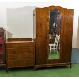 A deco walnut wardrobe and chest.