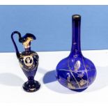 Two pieces of blue and gilt art glass