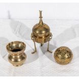 Two brass incense burners and a brass bowl