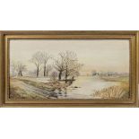 A framed oil on board depicting a river scene, signed J Reynolds 1913, Image size 17cm x 35cm