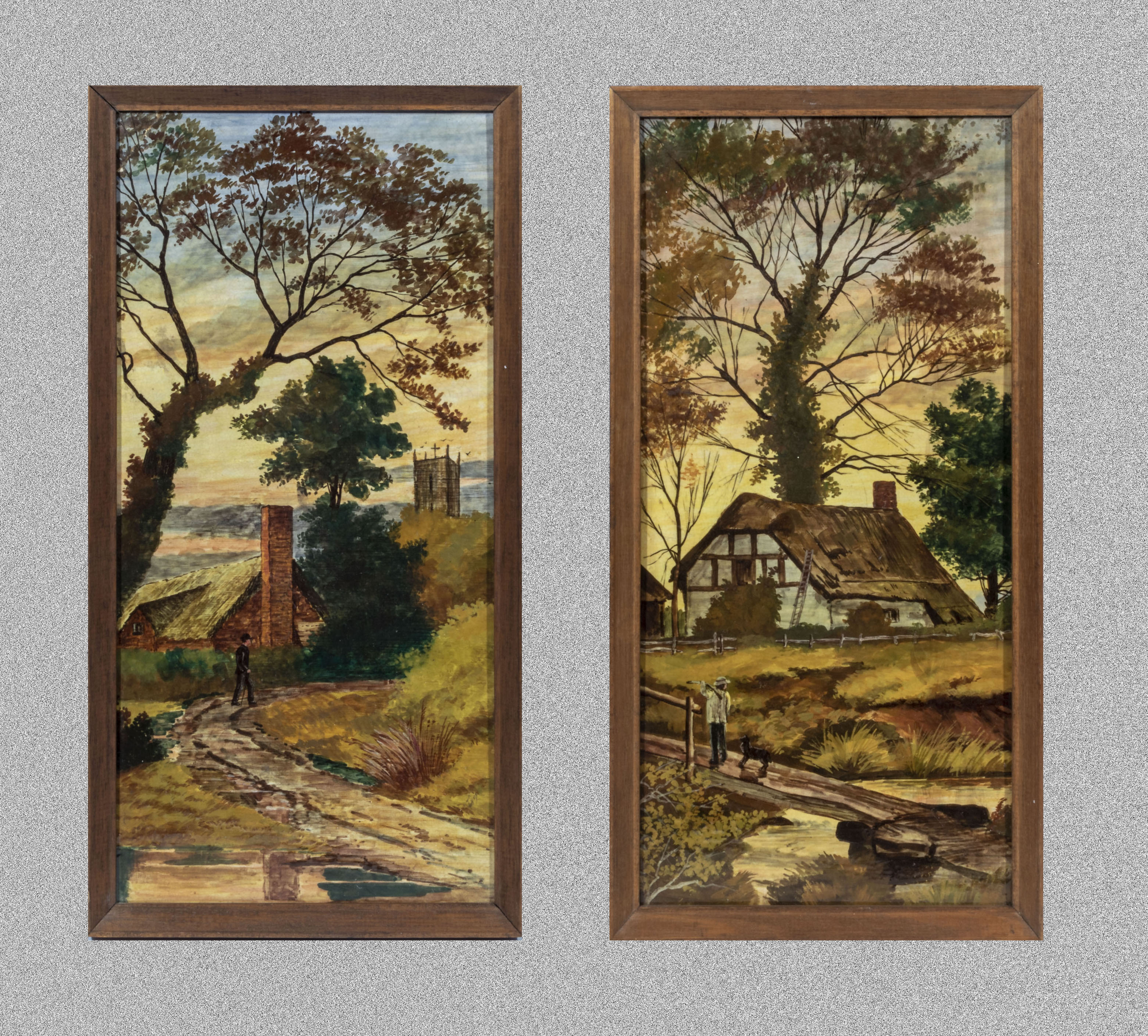 A pair of framed painted pottery tiles depicting rural scenes