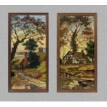A pair of framed painted pottery tiles depicting rural scenes