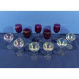 Five ruby wine glasses and six others
