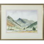 David Bellamy - A framed water colour depicting a mountain scene, image size 28cm x 39cm