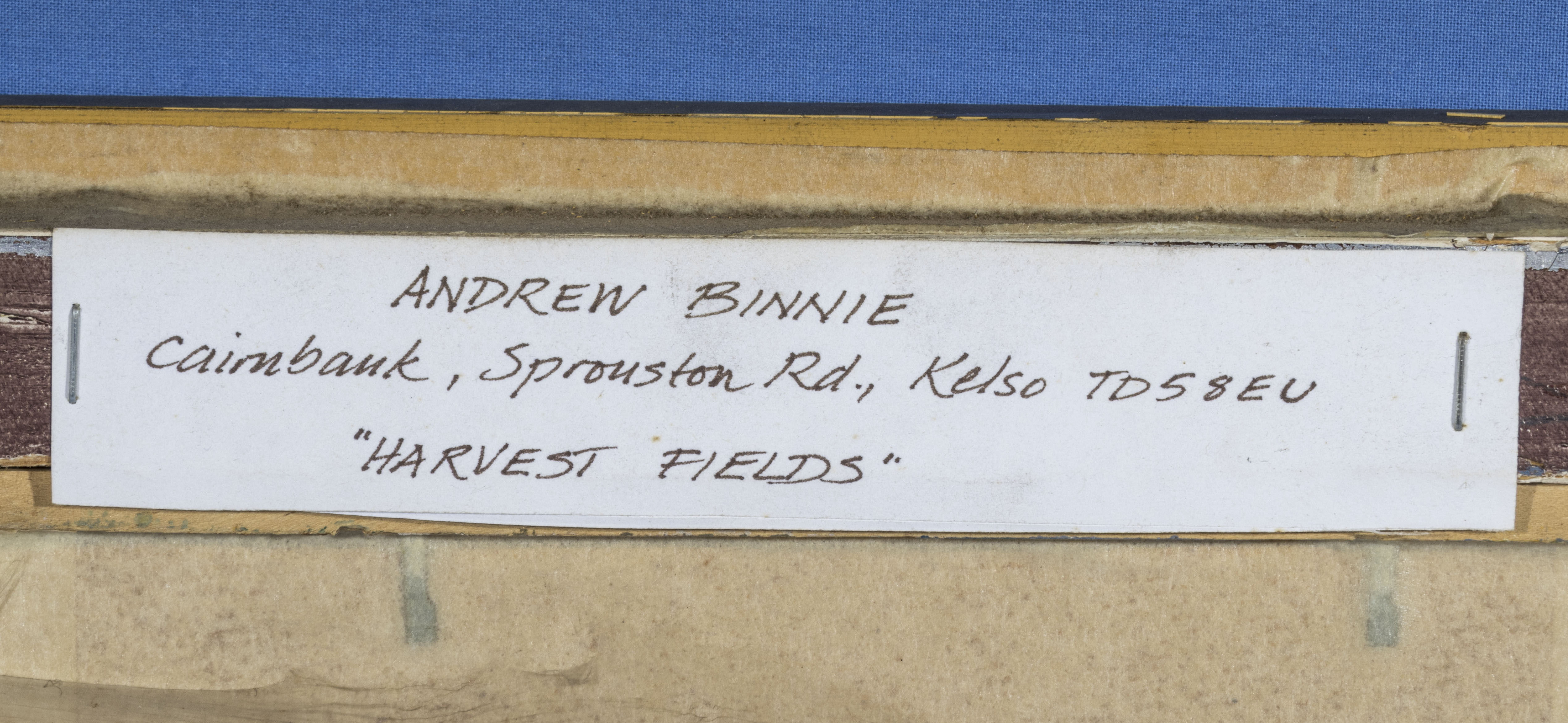 Andrew Binnie - Framed oil on board 'Harvest Fields' signed. 19cm x 18cm - Image 4 of 4
