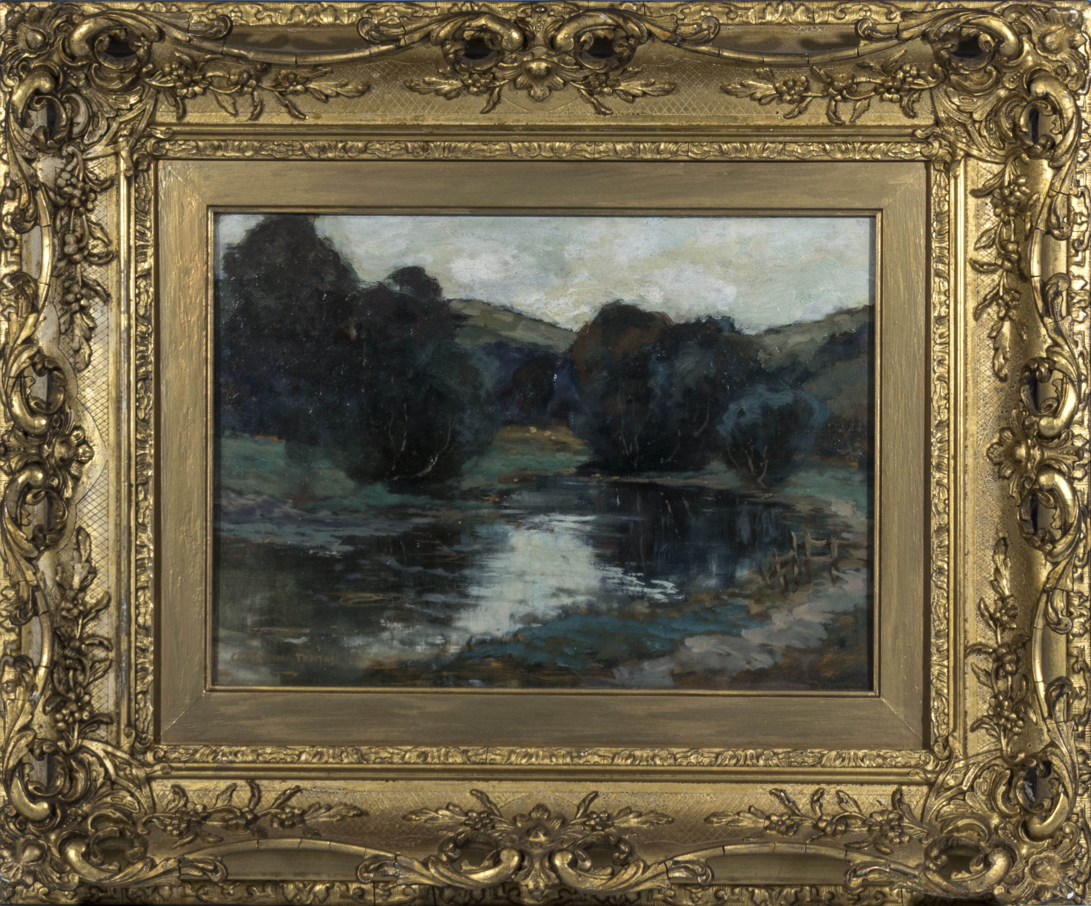 George Grosvenor Thomas RSW (1856-1923) Gilt framed oil on panel entitled 'River Landscape'