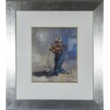 Kate Philp - Northumberland artist - a framed original acrylic depicting a small boy with a scooter,