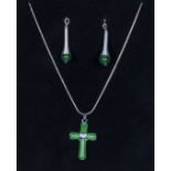 Green agate cross on sterling silver chain together with a Pair of Miao tribal earrings from Thai/