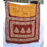 A vintage brown/gold Batik silk sari, has a sewn repair, size 5.20tr x 112cm