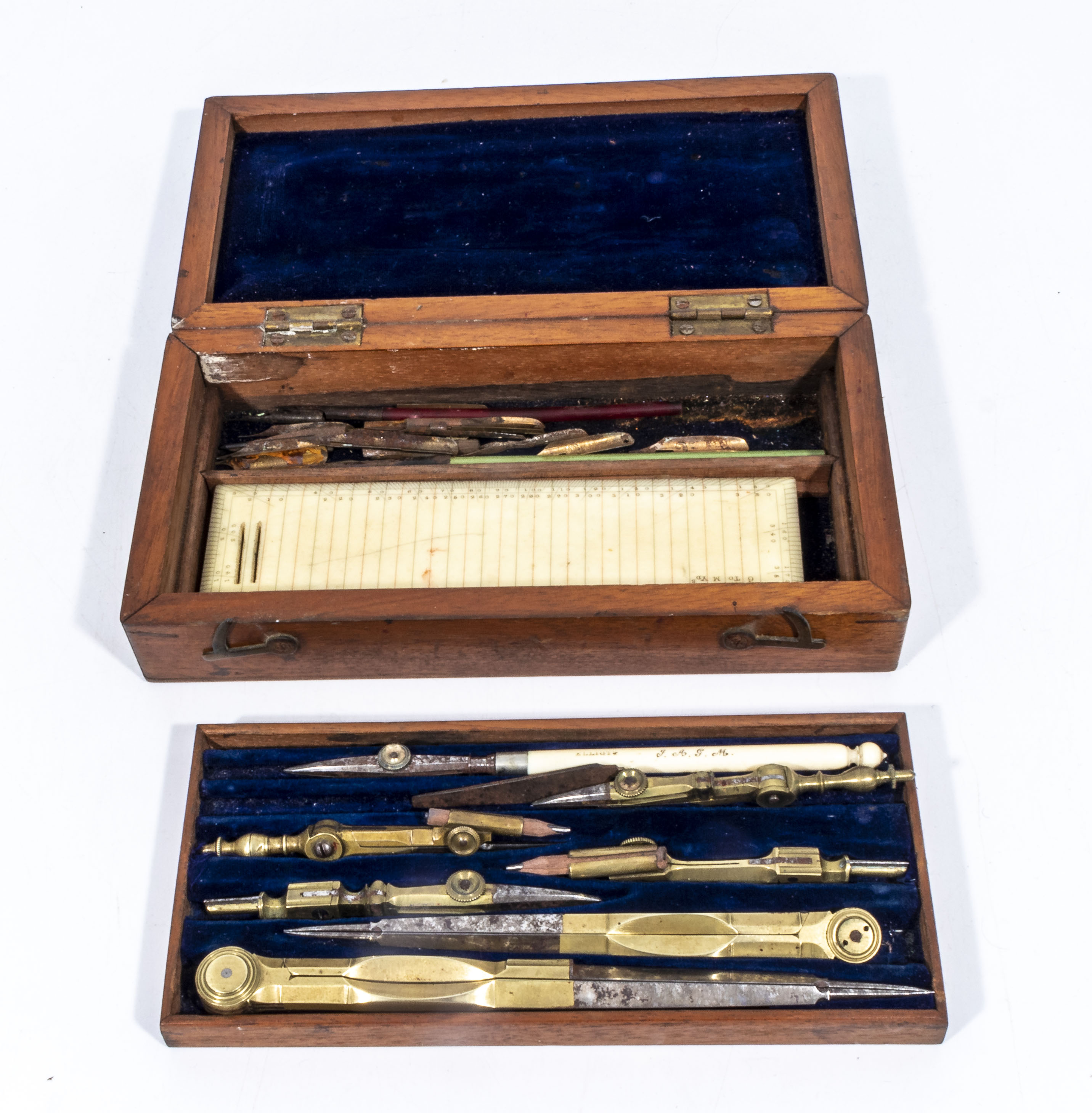 High quality Victorian draughtman's set of instruments in double layer fitted box