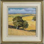 Andrew Binnie - Framed oil on board 'Harvest Fields' signed. 19cm x 18cm