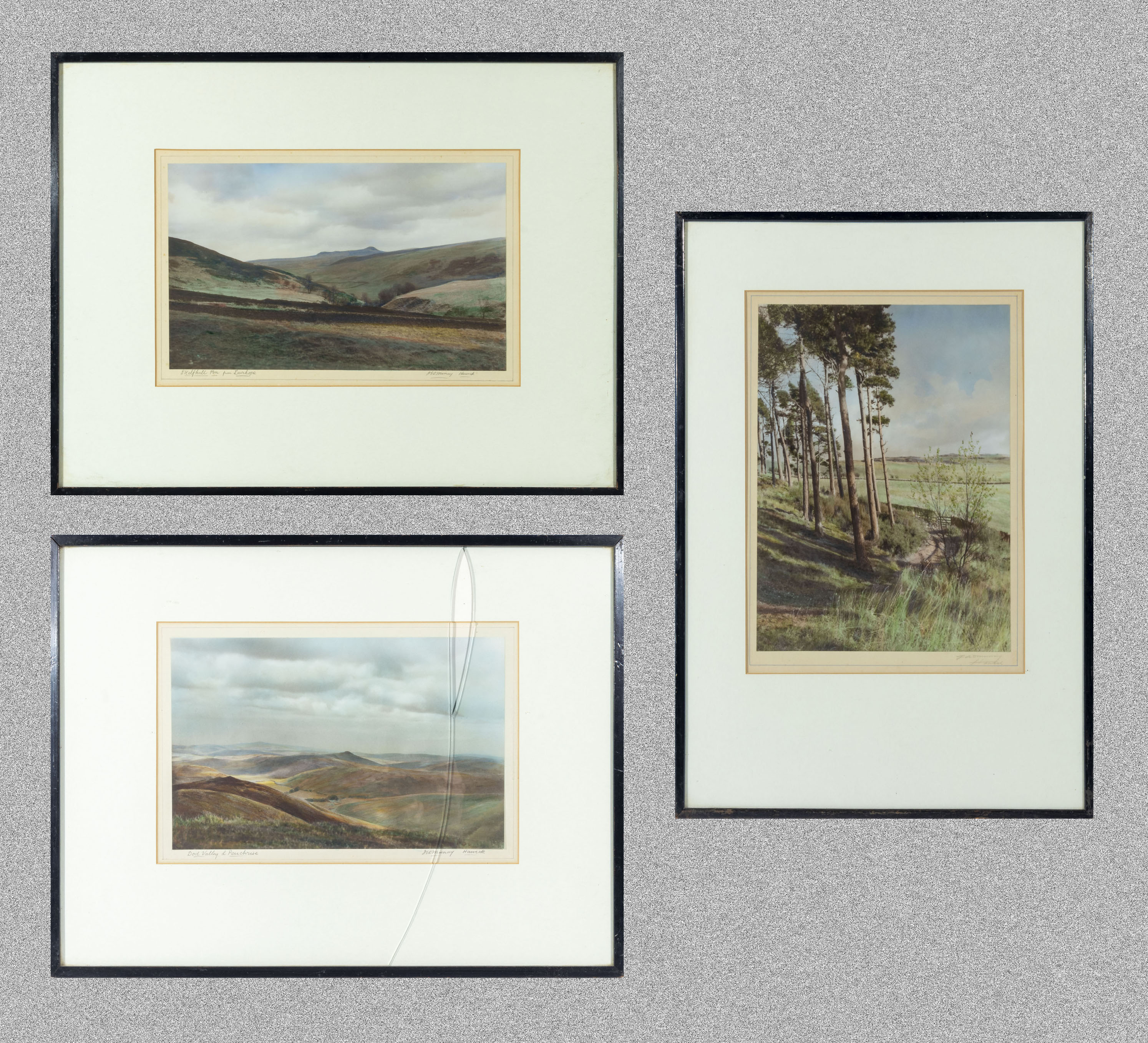 Jed Murray, Hawick - A set of three framed coloured prints 'Dod Valley and Penchrise' 'Skelfhill Pen