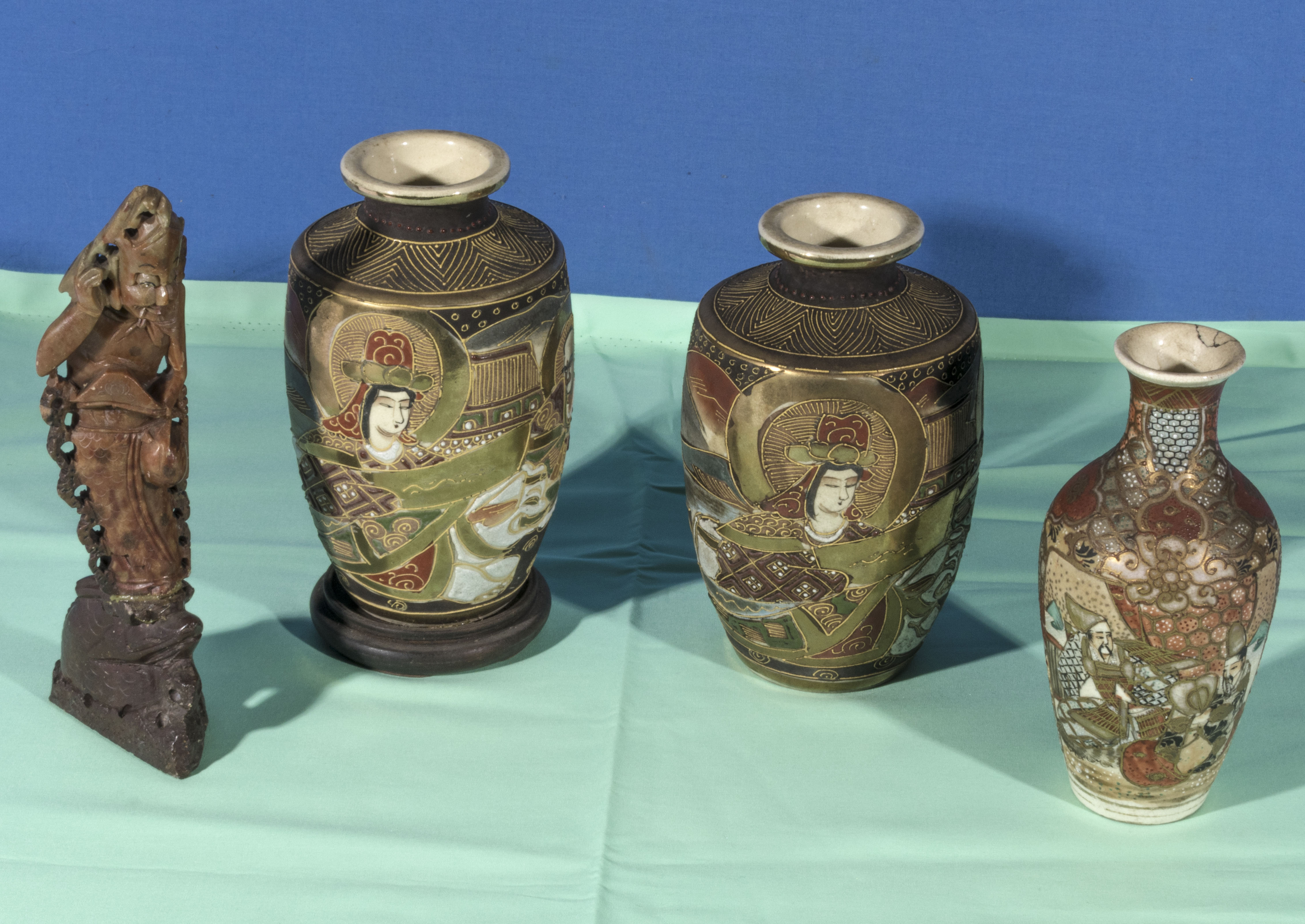 Three Satsuma Vases and a soapstone figure A/F