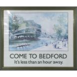 A framed print of Welcome to Bedford railway poster