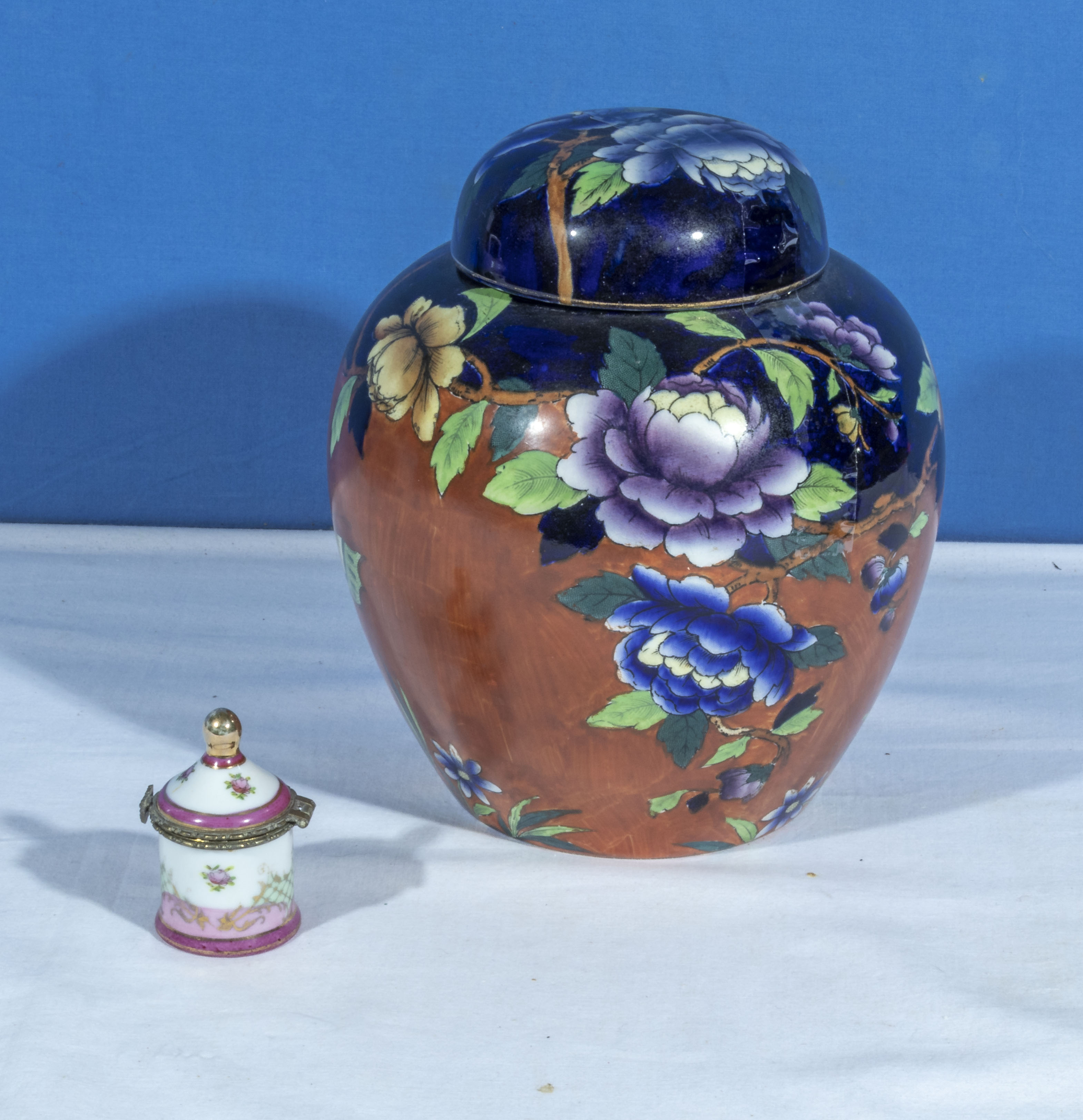 A Maling ware ginger jar and a small porcelain container