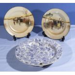 A pair of Doulton plates together with a blue and white printed hot water plate