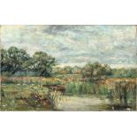 J Henderson - An unframed oil on canvas depicting a riverbank scene, 30cm x 48cm