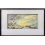 A small framed watercolour depicting a river scene, 12cm x 33cm