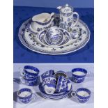 Blue and white transfer printed cups and saucers, ashets, sauce boat and dish, lidded jug and tea