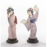 Two Lladro figures Japanese Geisha with fans and Timid Geisha Girl