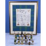 A framed Scottish Whisky Trail embroidery together with a collection of whisky miniatures