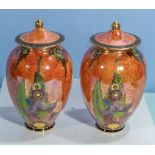 A pair of Crown Devon lidded vases/jars