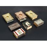 Seven vintage matchbox holders, brass, copper and enamelled