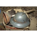 A WW2 tin helmet and other copper and metal items