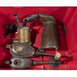 Two vintage oil cans, blow torch and an oil jug