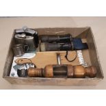 A box of miscellaneous collectables, including binoculars, hip flasks, stirrup cup and other items