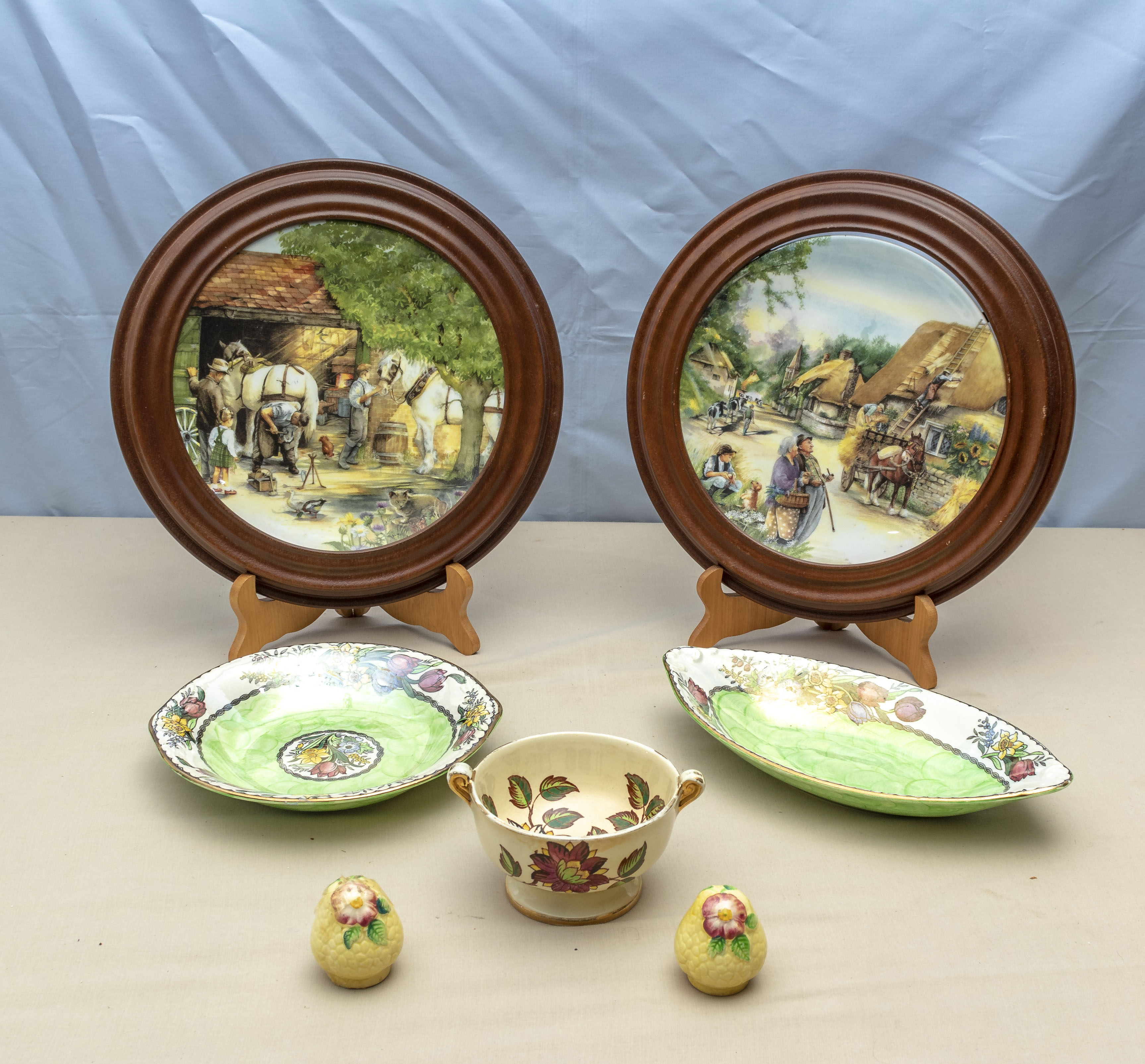 Five pieces of Carlton Ware and t framed pottery plates