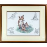 A framed print of foxes signed Nigel Hemming image size 28cm x 38cm