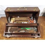 Wooden tool chest with drawer and various tools