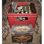 Assorted vintage biscuit tins and bottles