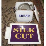 An vintage enamel cigarette advertising sign together with an enamel bread bin and contents