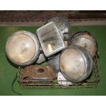A box of assorted vintage head lamps and others