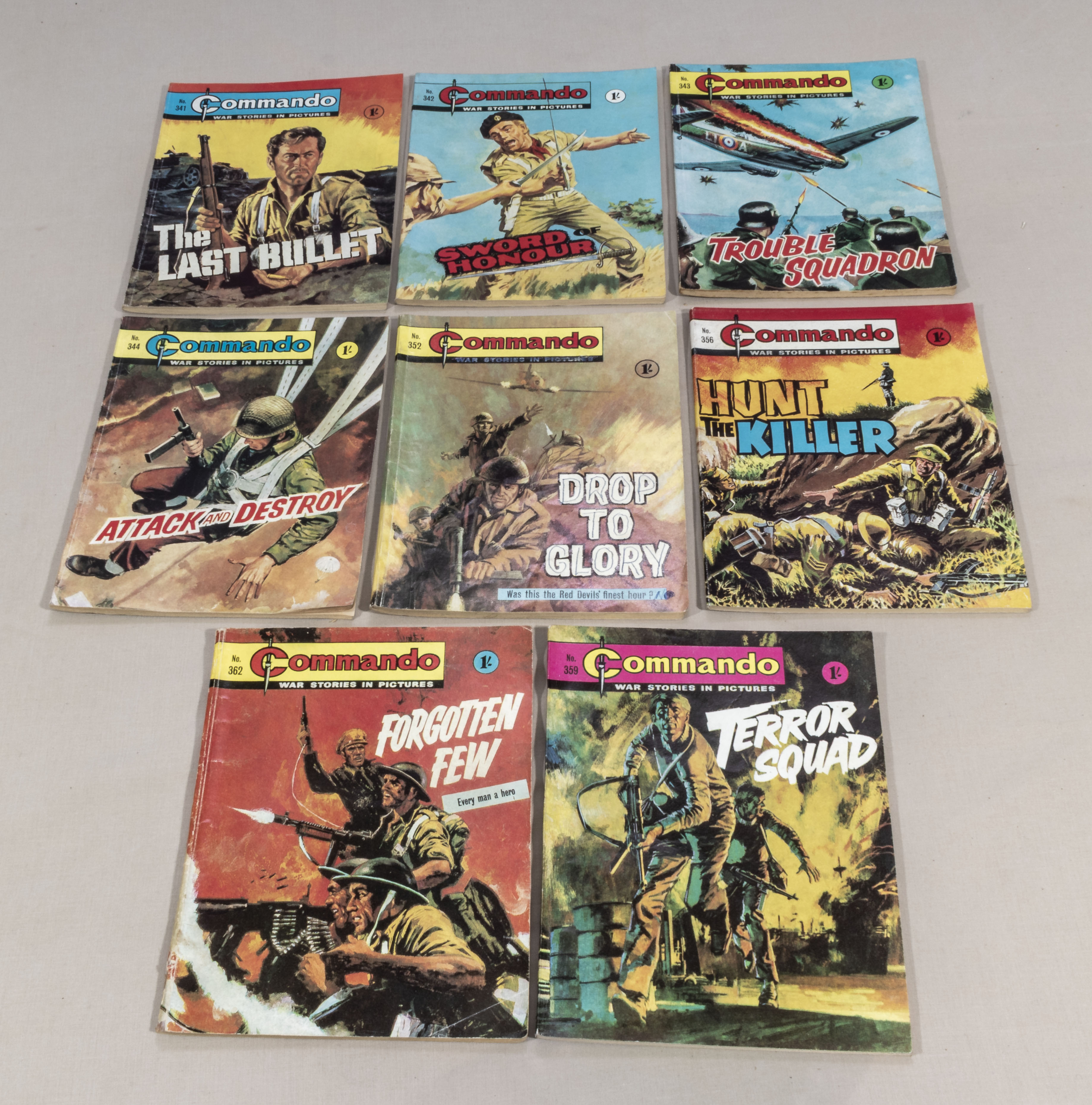 8 vintage Commando comics, all 1/- 341/362