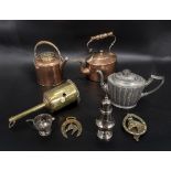 Two copper kettles, horse brasses, a bottle jack and other items