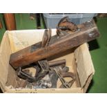A box of assorted wood planes, cobblers lasts and other Items