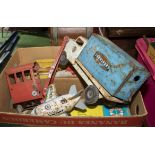 Two vintage tin plate boats, a crane, aeroplane and a truck