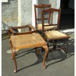 A pair of bedroom chairs together with a cane seated piano stool and one in need of repair
