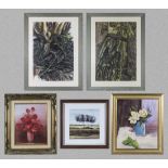 A pair of large framed prints of trees together with a print and two still lifes