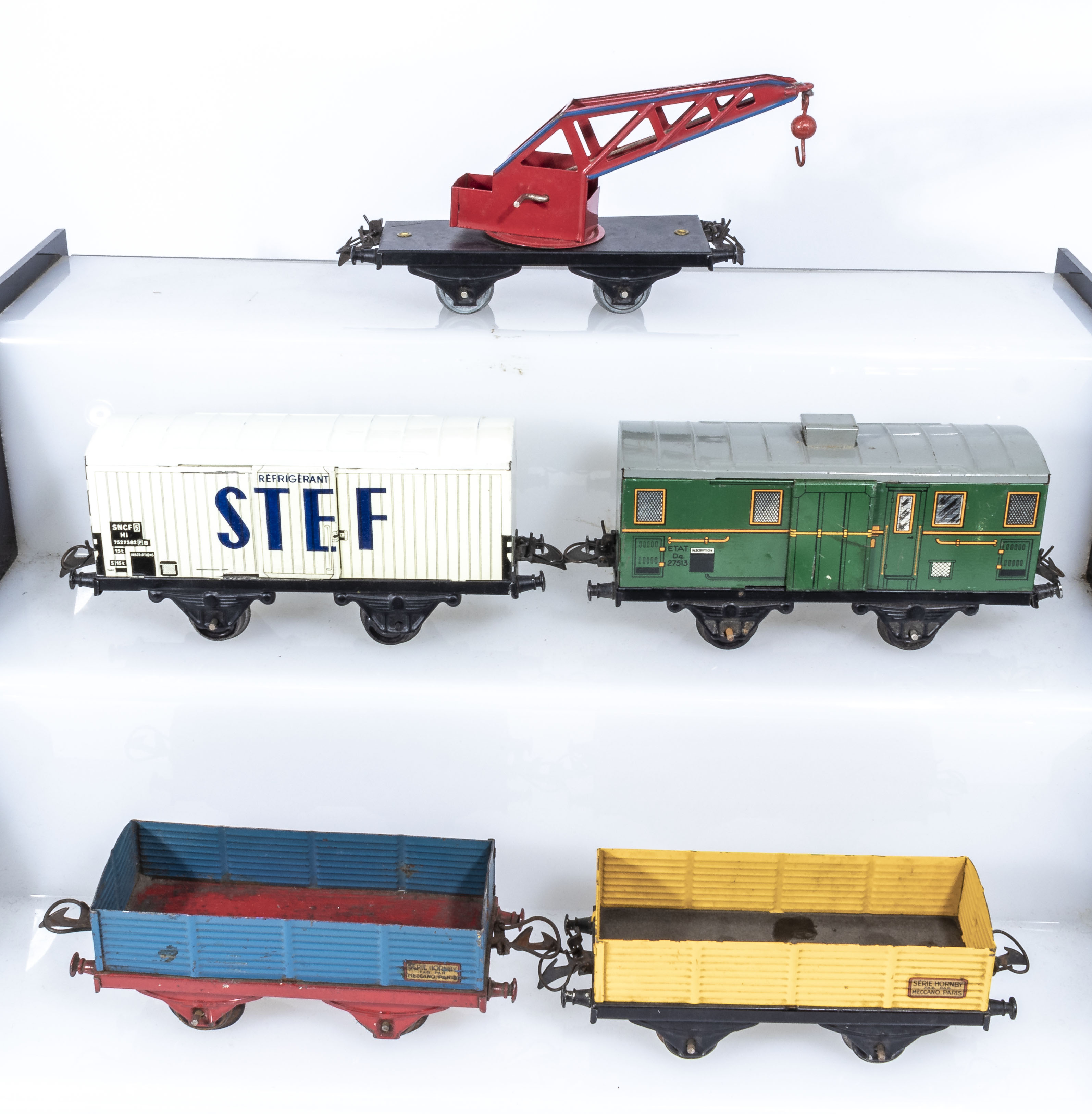 French Hornby O Gauge Crane Truck, Refrigerated Wagon, Luggage Van and two Open Wagons