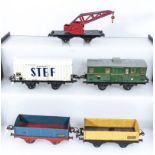 French Hornby O Gauge Crane Truck, Refrigerated Wagon, Luggage Van and two Open Wagons