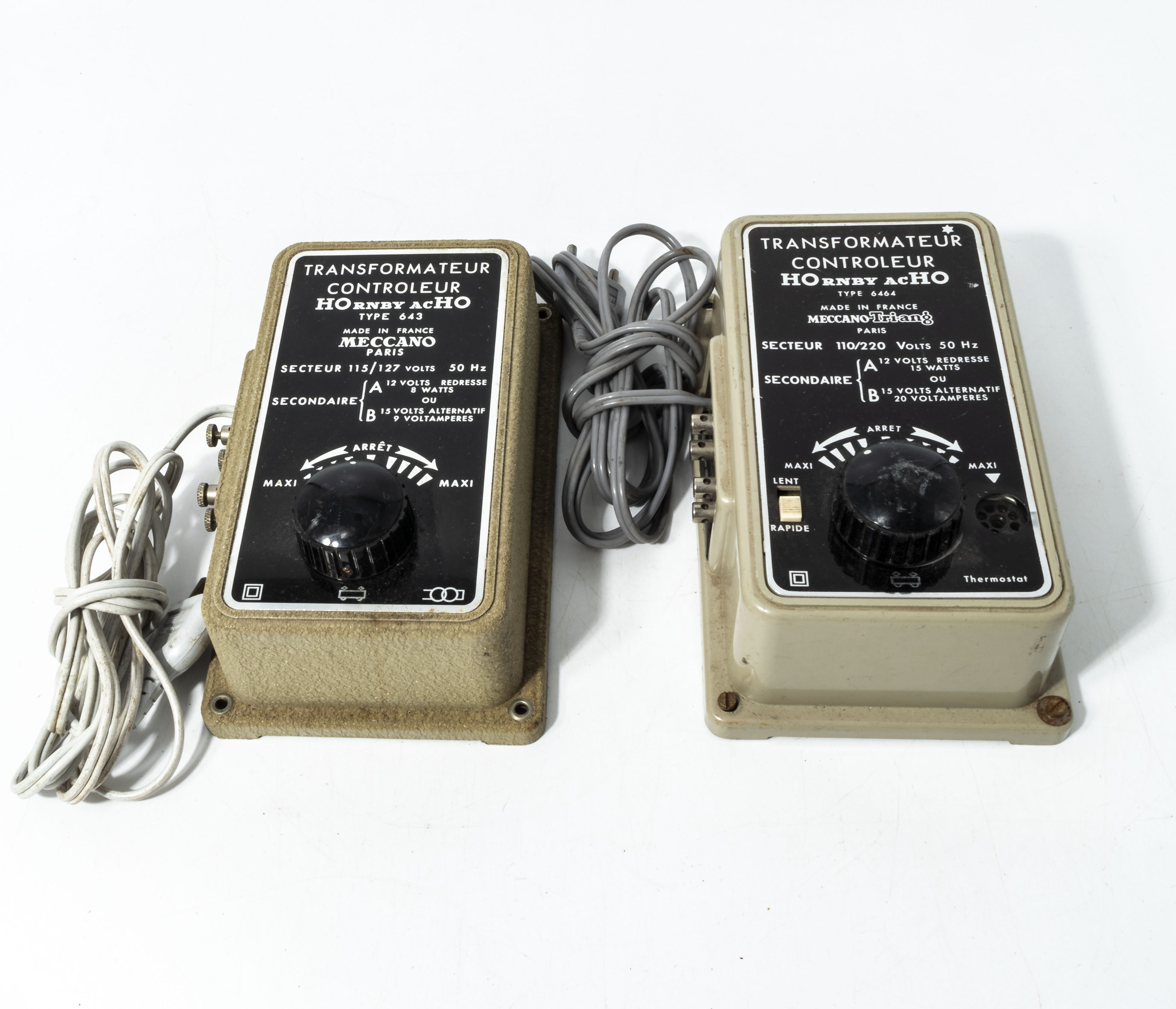 Two French Hornby acHO type 6464 110/220 volt transformers