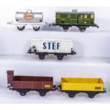 French Hornby O Gauge Esso Wagon, Luggage Van, Refrigerated Wagon, Cattle Wagon, and an Open Wagon