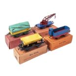 French Serie Hornby four wagons with boxes, covered wagon, crane' tipper wagon and a cattle wagon