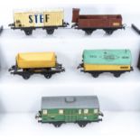 French Hornby O Gauge Refrigerated Wagon, Cattle Wagon, Tipping Wagon, Covered Wagon and a Luggage