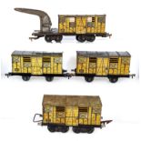 Vintage French JEP O gauge Relief Wagon Bogie together with three Wagon Bogies